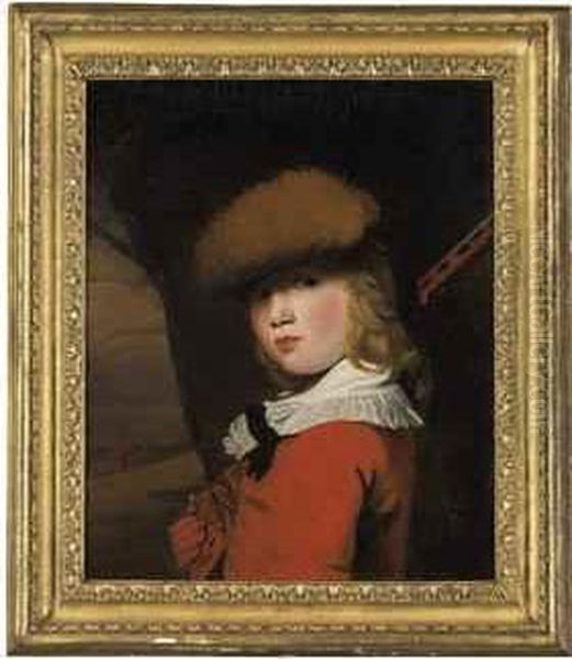 Portrait Of A Boy, Bust-length, 
In A Red Coat With A White Collarand A Fur Hat, Holding A Gun, In A 
Landscape - Unfinished Oil Painting by John Opie
