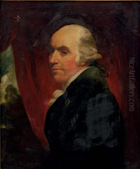 Portrait Of A Gentleman 
Traditionally Identified As A Member Of The Heron Family, Half-length, 
In A Dark Blue Coat Before A Red Curtain, A Landscape Beyond Oil Painting by John Opie