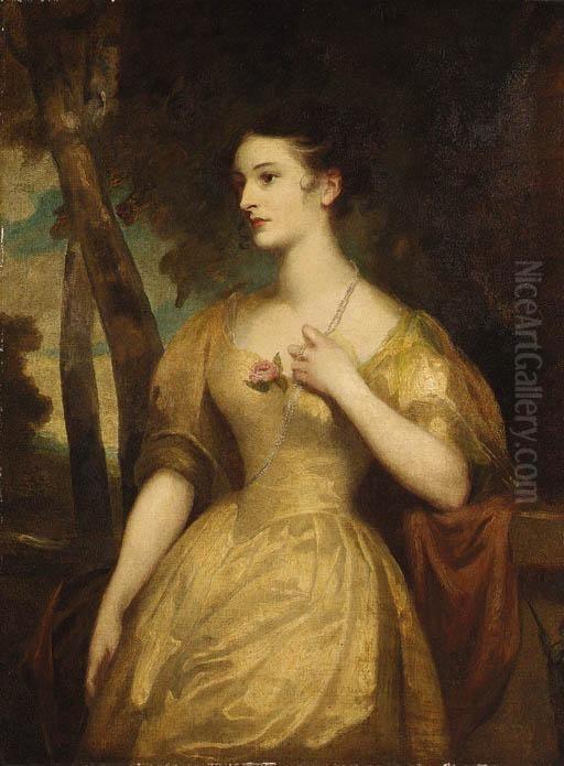 Portrait Of A Lady Said To Be 
Miss Harford, Standing Three-quarterlength In A Landscape By A Pedestal,
 Wearing A Yellow Dress And Apearl Necklace Oil Painting by John Opie