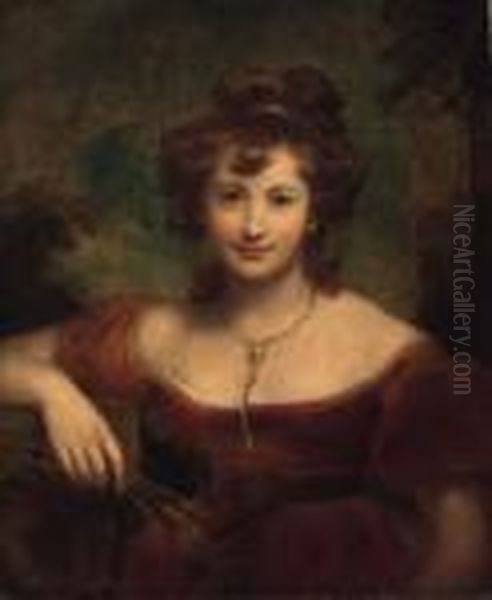 Portrait Of A Lady, Half Length,
 Wearing A Red Dress And A Goldnecklace, Holding Ears Of Wheat, Before A
 Landscape Oil Painting by John Opie