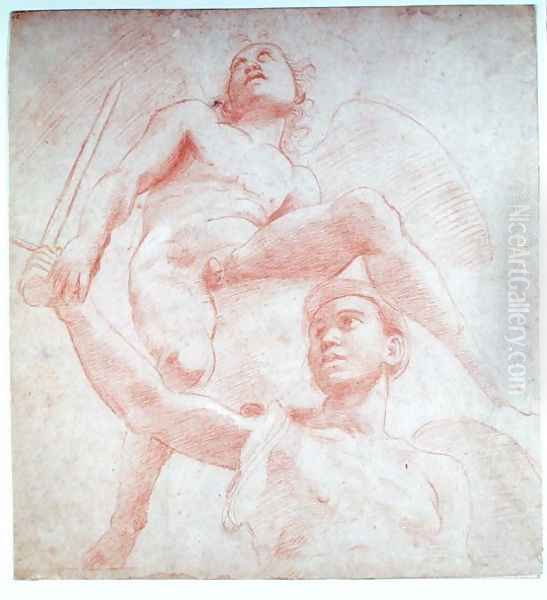 Angel and a figure representing the planet Mars Oil Painting by Raphael
