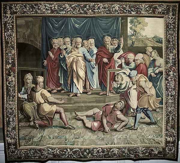 The Death of Ananias, from a series depicting the Acts of the Apostles, woven at the Beauvais Workshop under the direction of Philippe Behagle 1641-1705 1695-98 Oil Painting by Raphael