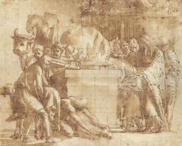 A pagan sacrifice with figures bringing rams to an altar Oil Painting by Raphael