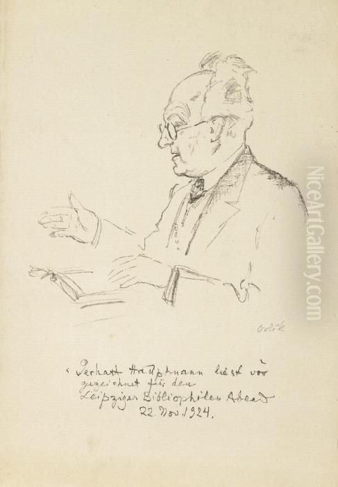 Gerhart Hauptmann Liest Oil Painting by Emil Orlik