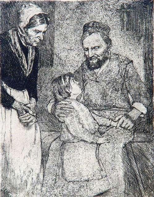 Orlik, Emil: Grandparents With 
Grandchild,1896. Etching. Signed And Dated. - Minimally Brownish. 
Minimallystained. Reverse Remains Of Old Mounting Oil Painting by Emil Orlik