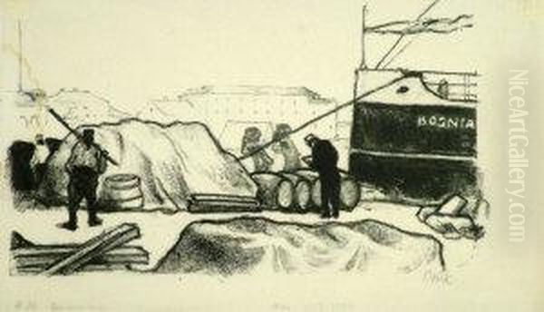 German -- Figures Working By A 
Quayside; Lithograph On Japan Paper, Signed In Pencil, 14x23cm: Together
 With One Other Lithograph By The Same Hand On Japan Paper By The Same 
Hand Depicting Two Seated Arab Women: Together With A Large Collection 
Of Oil Painting by Emil Orlik