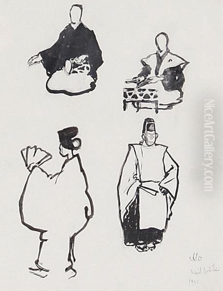 Studienblatt Mit Zwei Sitzenden 
Japanischen Musikern, Einer Stehenden Japanerin Mit Facher Und Eines 
Stehenden Japanischen Schauspielers Mit Geschlossenem Facher Oil Painting by Emil Orlik