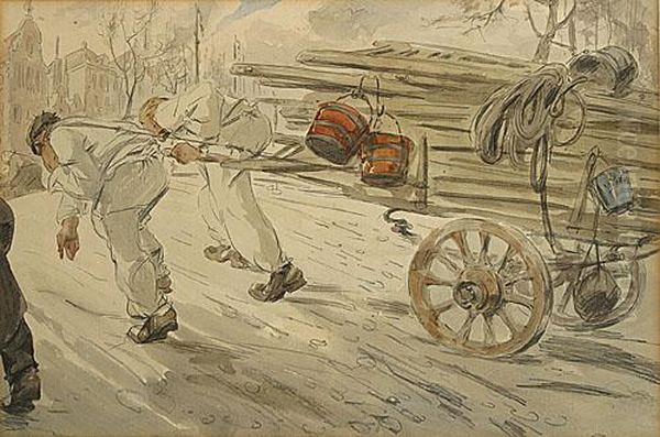 Ouvriers Tirant Un Char Charge D'echelles Oil Painting by Alfred Ost