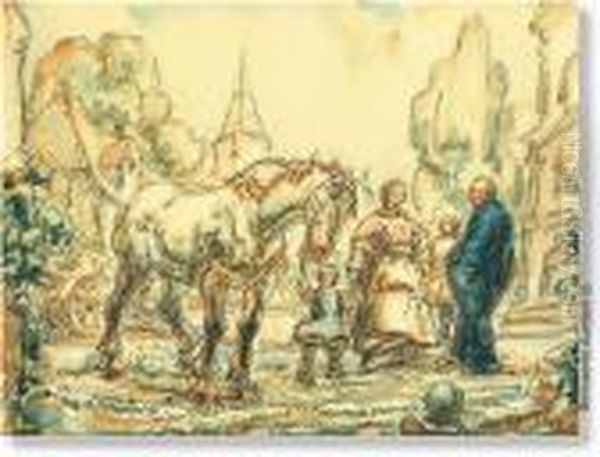 Boerenfamilie Te Paard. 
Pentekening En Aquarel. Getekend En Gedateerd 'a.ost 44'. In Kader Oil Painting by Alfred Ost