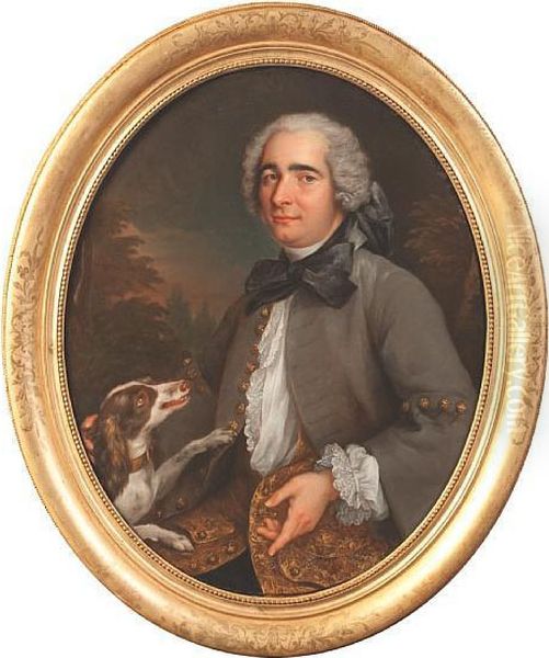Portrait Of A Gentleman Half 
Length, Wearing Agrey Coat And With His Dog Beside Him, A Landscape 
Beyond Oil Painting by Jean-Baptiste Oudry