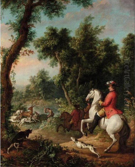 A Wooded Landscape With Three Gentleman On Horses Hunting Down A Stag With Their Dogs Oil Painting by Jean-Baptiste Oudry