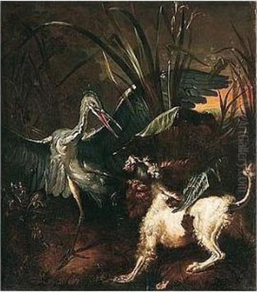 A Spaniel Attacking A Heron Oil Painting by Jean-Baptiste Oudry