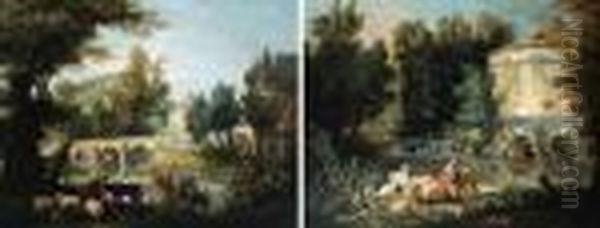 A River Landscape With A Peasant Girl Tending To Her Herd By A Round Tower Oil Painting by Jean-Baptiste Oudry