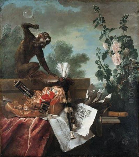 An Allegory Of Air: A Musical 
Still Life With A Monkey Blowingbubbles, A Musette, A Flute And Musical 
Scores. Oil Painting by Jean-Baptiste Oudry