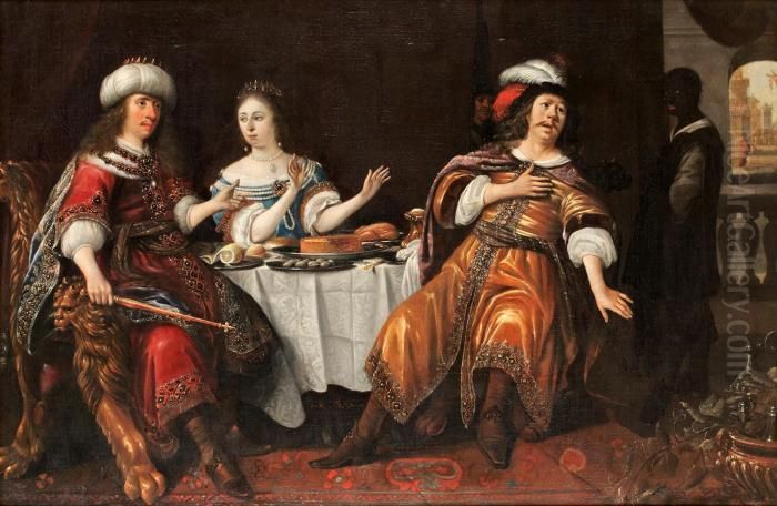 Scene With Ester, Haman And Ahasverus Oil Painting by Antonie Palamedesz