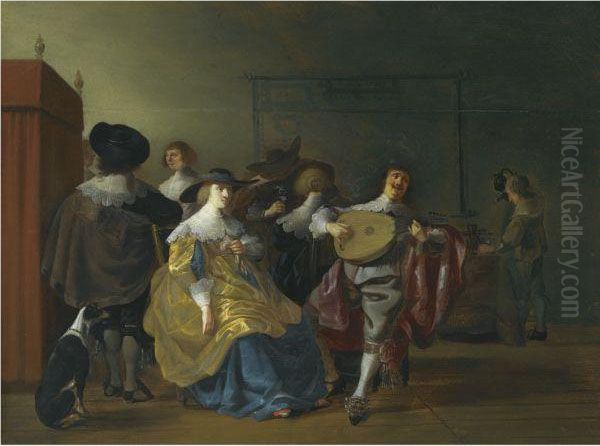 An Interior Scene With An Elegant Company Making Merry Oil Painting by Antonie Palamedesz