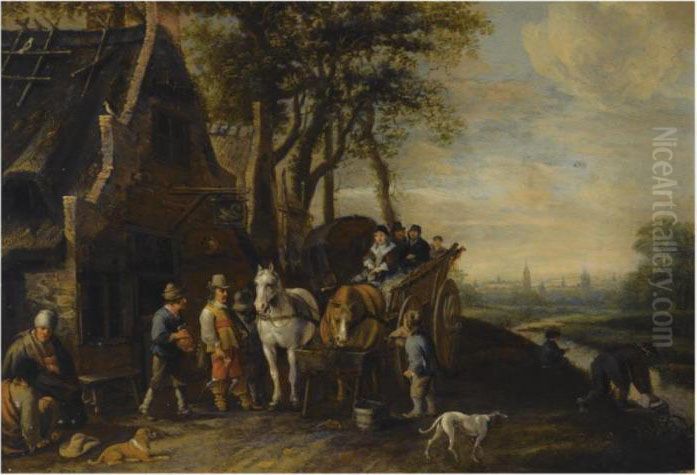 Travellers In A Horse-drawn 
Wagon And Other Figures Outside An Inn,a View Of Delft With The Oude And
 Nieuwe Kerk Beyond Oil Painting by Antonie Palamedesz