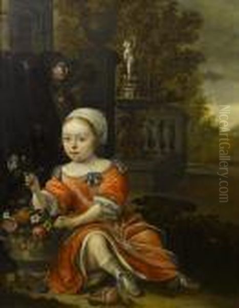 Portrait Of A Young Girl Wearing
 A Red Dressand Seated By An Urn Of Flowers In A Formal Garden Oil Painting by Antonie Palamedesz