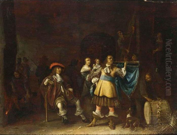 A Kortegaardje: Soldiers In A 
Waiting Room Together With A Trumpeteer And A Mother And Child Oil Painting by Antonie Palamedesz