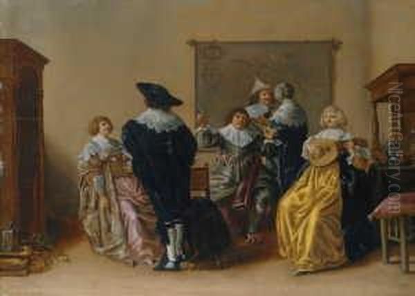 Gesellschaftsszene. Ol Auf Holz.
 H 47; B 65 Cm. Provenienz: Privatsammlung, Spanien. Anthonie 
Palamedesz., Der Schuler M. Van Mierevelts In Delft Gewesen War, Malte 
Figurenbilder, Die Zumeist Personen Aus Der Besseren Gesellschaft Oder 
Verschieden Oil Painting by Antonie Palamedesz