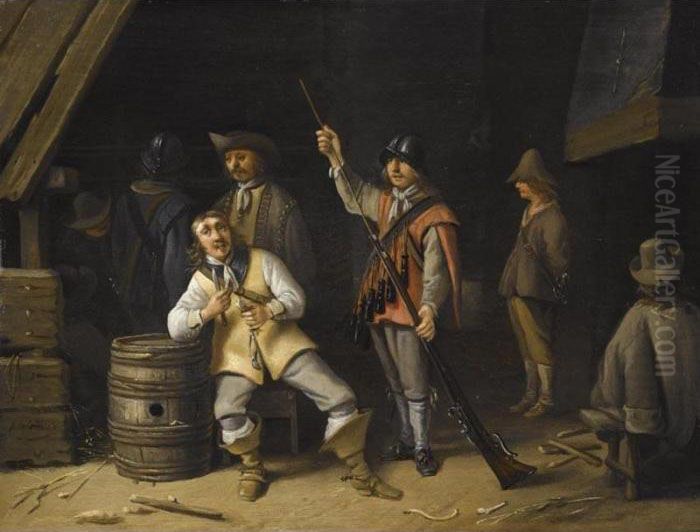 A Kortegaardje With An Officer 
Reading A Letter Delivered By A Messenger; A Kortegaardje With A Soldier
 Eating A Herring And Another Cleaning His Musket Oil Painting by Antonie Palamedesz