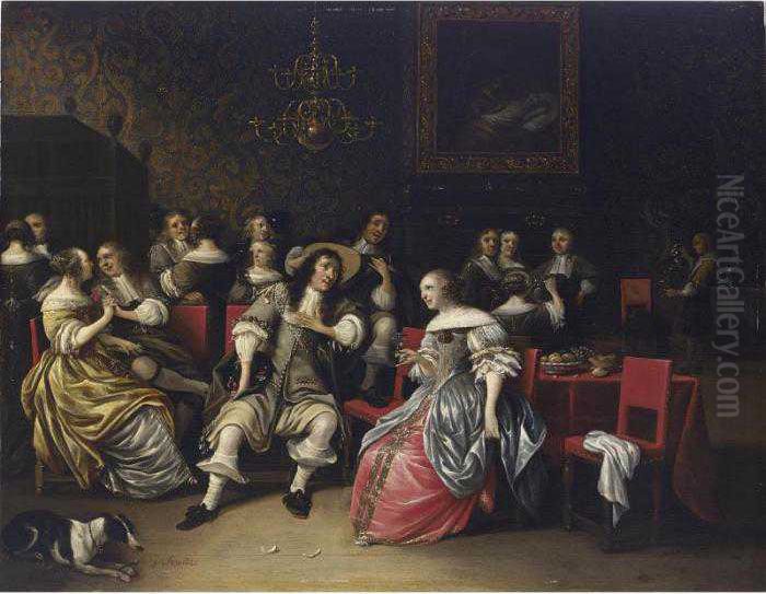 An Elegant Musical Company In An Interior With A Gentleman Playing A Lute Oil Painting by Antonie Palamedesz