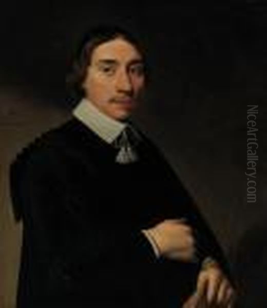 Portrait Of A Gentleman, Aged 
Twenty-eight, Half-length, In A Blackgown And A Black Skull Cap, His 
Coat In His Left Hand Oil Painting by Antonie Palamedesz