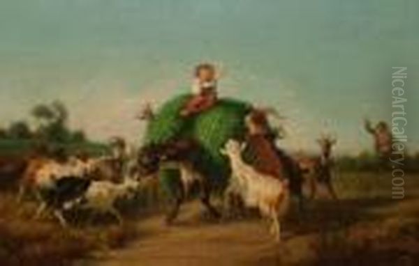 Boy On A Donkey With Goats On A 
Country Lane Andboy On A Donkey With Sheep And Goats On A Hillside Oil Painting by Giuseppe Palizzi