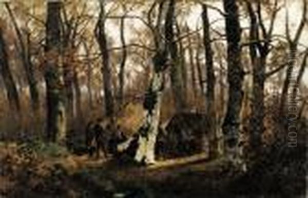 Il Falo Nel Boschetto (foresta Di Fontainebleu) Oil Painting by Giuseppe Palizzi