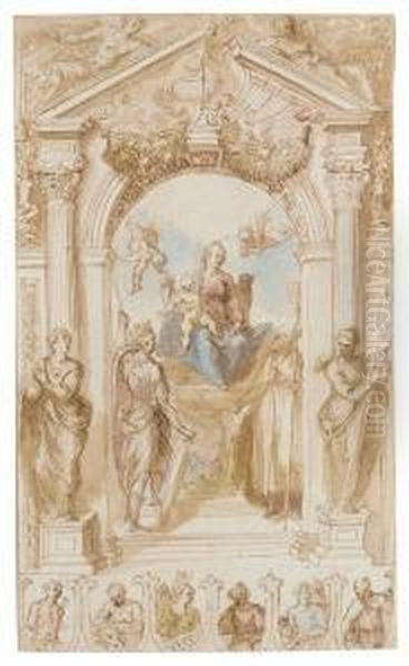 The Madonna And Child Enthroned 
With Saint George And Saintnicholas Under An Arch Flanked By Statues Of 
Religion And Faith Oil Painting by Acopo D'Antonio Negretti (see Palma Giovane)