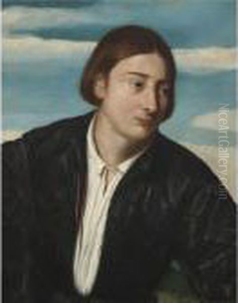 Portrait Of A Young Man, Head 
And Shoulders, Wearing A Black Satin Doublet And A White Shirt Oil Painting by Acopo D'Antonio Negretti (see Palma Giovane)