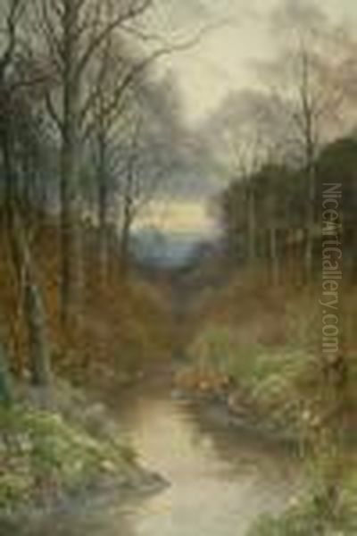 Spring Time With Primroses On The Banks Of A Woodland River Landscape Oil Painting by Harry Sutton Palmer