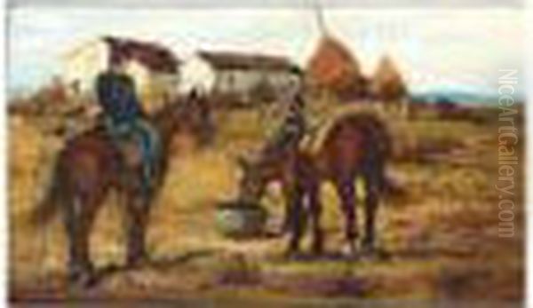 Cavalrymen At Rest, Strengthened
 Signature, Oil On Board, 11.5 X 19 Cm.; 4 1/2 X 7 1/2 In Oil Painting by Ruggero Panerai