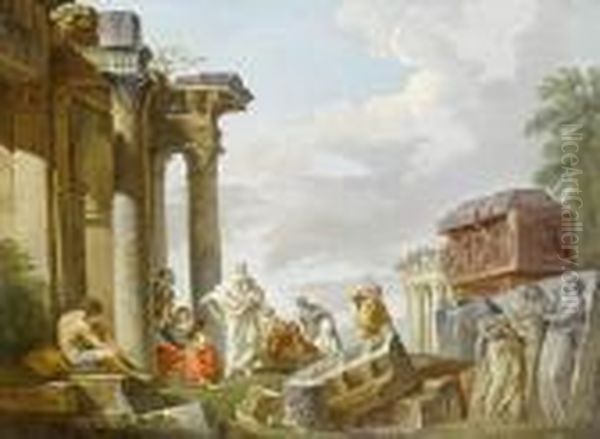 A 
Capriccio With Classical Figures Among Roman Ruins, Including Trajan's Column And The Equestrian Statue Of Marcus Aurelius Oil Painting by Giovanni Niccolo Servandoni