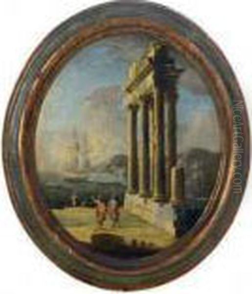 A Mediterranean Coastal 
Landscape With Figures By A Classical Ruin;and A Companion Painting Oil Painting by Giovanni Niccolo Servandoni