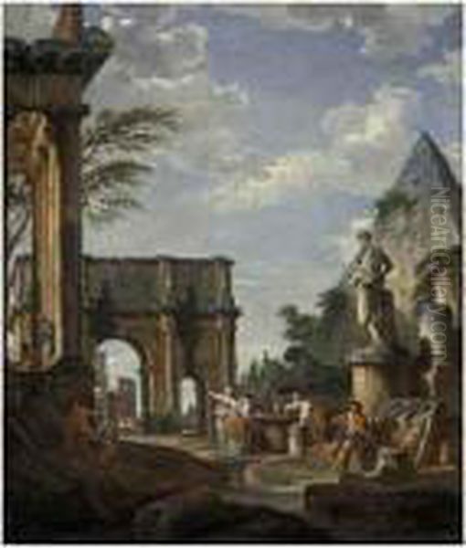 A Capriccio Of The Roman Forum, 
With The Arch Of Constantine, Thepyramid Of Cestius And The Colosseum 
Beyond, Figures By A Fountainin The Foreground Oil Painting by Giovanni Niccolo Servandoni