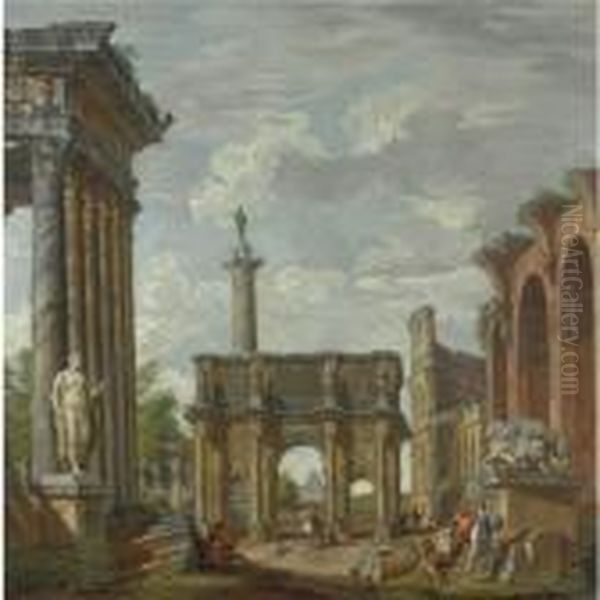 Capriccio Architettonico Con 
L'arco Di Costantino, Il Colosseo,la Basilica Di Massenzio, Il Tempio Di
 Antonino E Faustina, Lacolonna Traiana E Il Ponte Sant'angelo Oil Painting by Giovanni Niccolo Servandoni