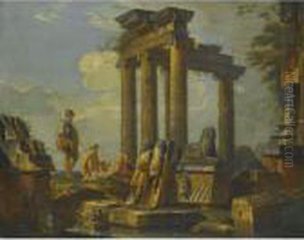 A Capriccio Of Classical Ruins, A
 Sarcophagus And A Temple Withwith A Soldier And Other Reclining 
Figures. Oil Painting by Giovanni Niccolo Servandoni
