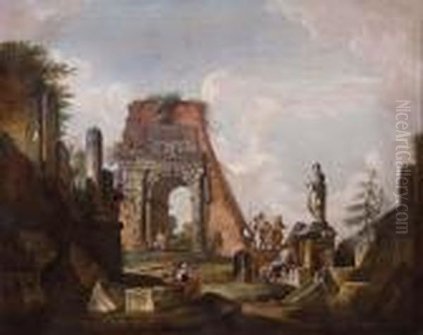 Capriccio Con Vestigia Romane Efigure Oil Painting by Giovanni Niccolo Servandoni