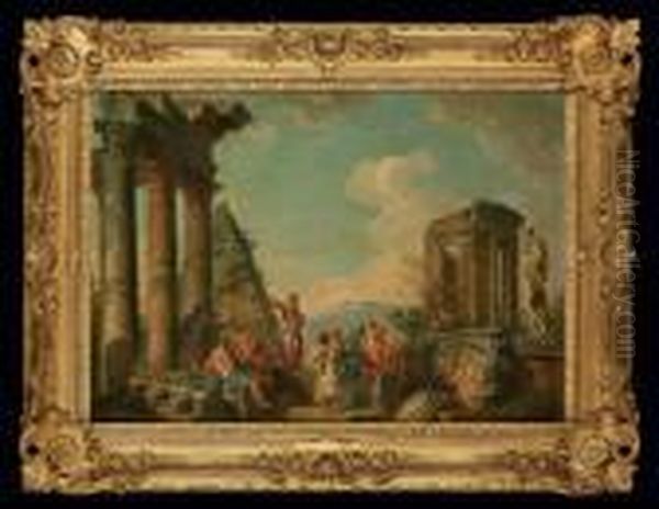 A Capriccio With Classical 
Figures Disputing Amongst Ruins, Thetemple Of The Sybil At Tivoli And 
The Pyramid Of Cestiusbeyond Oil Painting by Giovanni Niccolo Servandoni