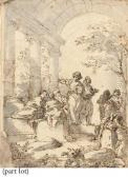 Figures Conversing In A Vaulted Building Oil Painting by Giovanni Niccolo Servandoni