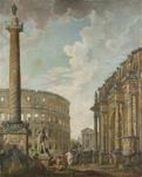 A Capriccio Of Roman Ruins, With
 The Trajan's Column, The Farnese Hercules, The Coloseum, The Pyramid Of
 Cestius, The Temple Of Fortuna Virilis, The Arch Of Constantine And The
 Borghese Vase Oil Painting by Giovanni Niccolo Servandoni