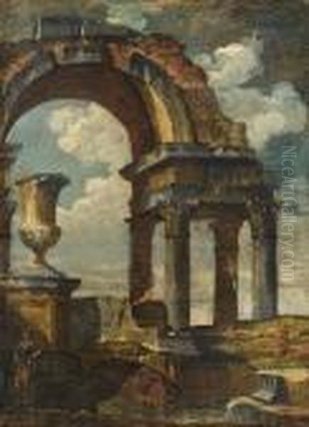 A 
Capriccio 
Of Roman Ruins 
Oil On Canvas Oil Painting by Giovanni Niccolo Servandoni