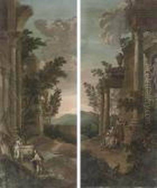 An Architectural Capriccio With 
Figures Conversing, A Dog In Theforeground; And An Architectural 
Capriccio With A Gentlemancourting A Lady, With Figures By An Obelisk Oil Painting by Giovanni Niccolo Servandoni