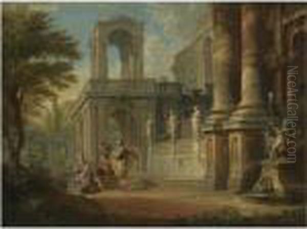 An Architectural Capriccio With 
Two Soldiers Addressing A Young Man, Figures On A Balcony Beyond Oil Painting by Giovanni Niccolo Servandoni