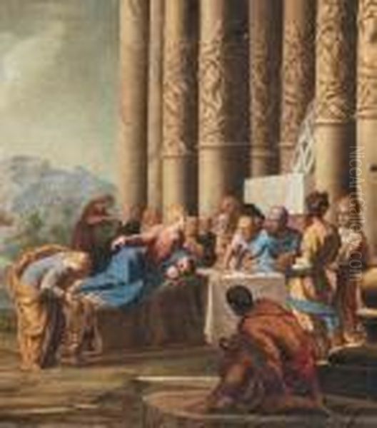 Capriccio Con Architetture E La 
Consegna Delle Chiavi A Pietro - Capriccio Con Architetture E La Lavanda
 Dei Piedi Oil Painting by Giovanni Niccolo Servandoni