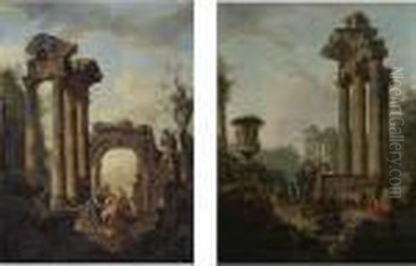 An Architectural Capriccio Of 
Roman Ruins And Four Archeologists; An Architectural Capriccio Of Roman 
Ruins And An Apostle Preaching Oil Painting by Giovanni Niccolo Servandoni