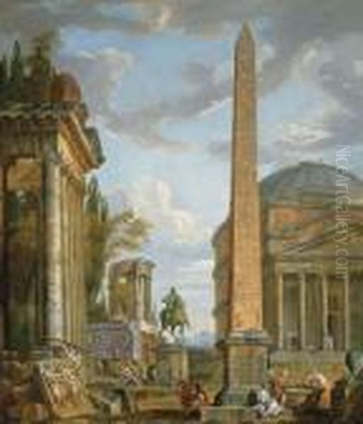 A Capriccio With Figures 
Gathered Around The Obelisk Of Augustus, A View Of The Pantheon, The 
Statue Of Marcus Aurelius And The Temple Of Sybil, Tivoli Oil Painting by Giovanni Niccolo Servandoni