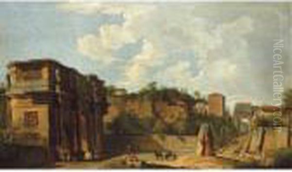 Rome, A View Of The East End Of 
The Palatine Hill, The Arch Of Constantine, And The Arch Of Titus Beyond Oil Painting by Giovanni Niccolo Servandoni