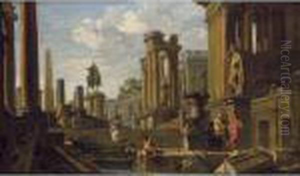 A Capriccio Of Classical Ruins 
With The Obelisk Of Augustus And The Statue Of Marcus Aurelius Oil Painting by Giovanni Niccolo Servandoni